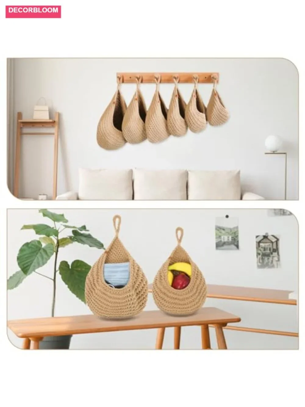 5-Pack Rustic Woven Rope Baskets for Kitchen Storage Home Organization Boho